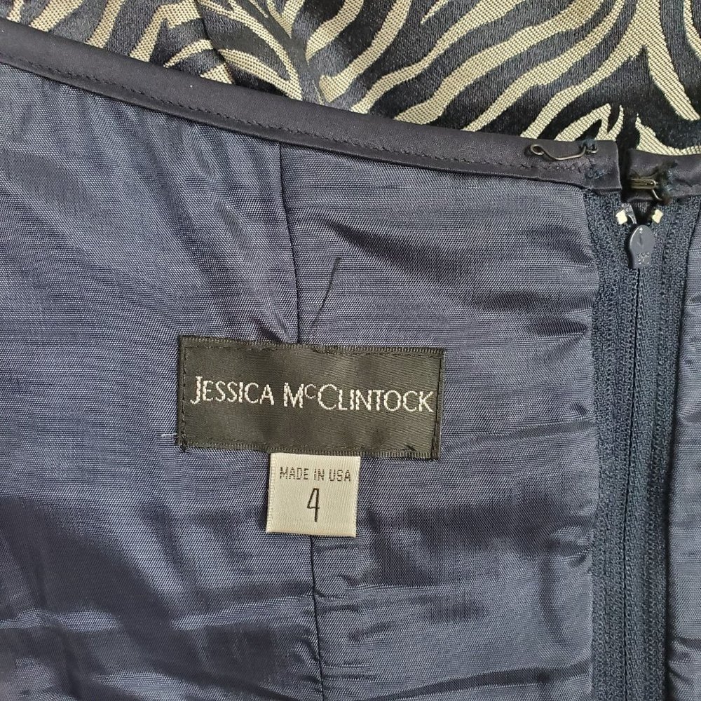 Jessica McClintock Sz 4 Dress Mini Zebra Stripe Fitted Strapless Navy Satin Trim - Picture 8 of 13